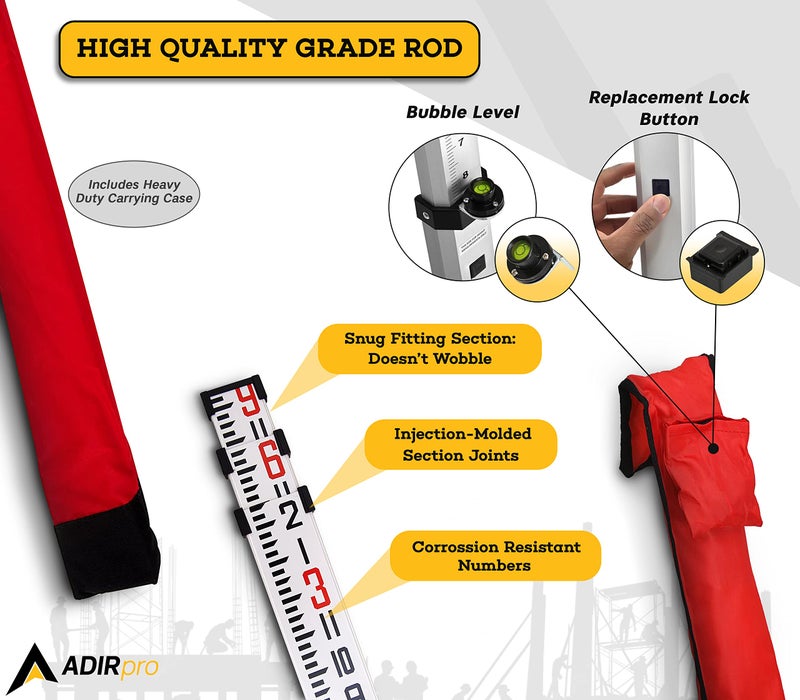 AdirPro 9-Foot Aluminum Grade Rod â€“ 8ths, Dual Sided 5-Section Telescopic Leveling Rod â€“ Bubble Level and Soft Carrying Case Included - Image 3